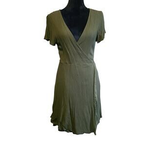 Lulu's Gauzy Mini Wrap Dress Womens L Olive Green Flutter Sleeve Goblin Core
